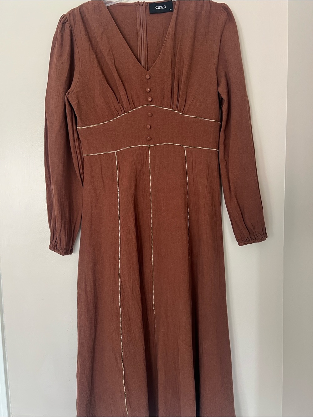 CIDER Brown Cotton Textured Midi Dress Boho Cottagecore Prairie Size M - Picture 2 of 7